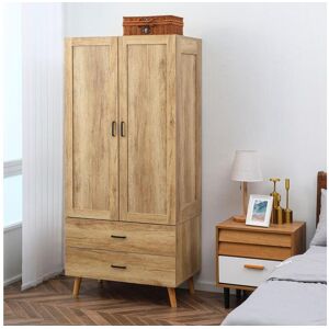 Homcom Armoire de rangement design scandinave - armoire de chambre - placard 2 portes avec penderie - 2 tiroirs - aspect chêne clair