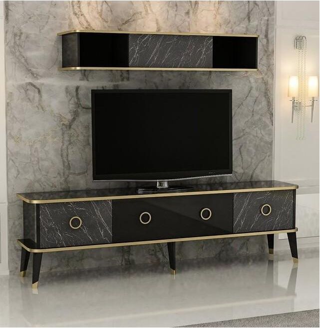 AZURA HOME DESIGN Ensemble meuble TV MARBRE Noir - doré brillant 180 cm