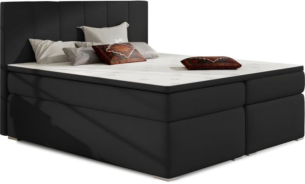 Ensemble boxspring complet tête de lit + sommiers + matelas + surmatelas BORIS de VENESETTI - tissu luxe noir - 180x200 cm