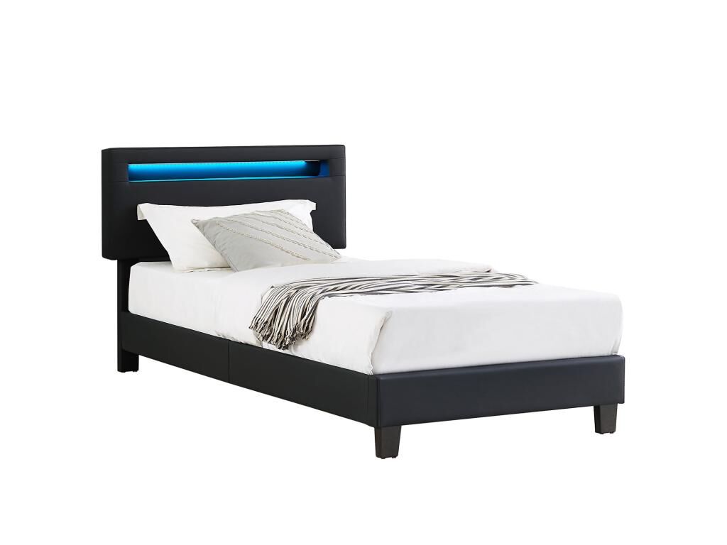 Idimex Lit LED simple 90x190 cm avec sommier, tête de lit réglable en hauteur, en synthétique noir, EVAN