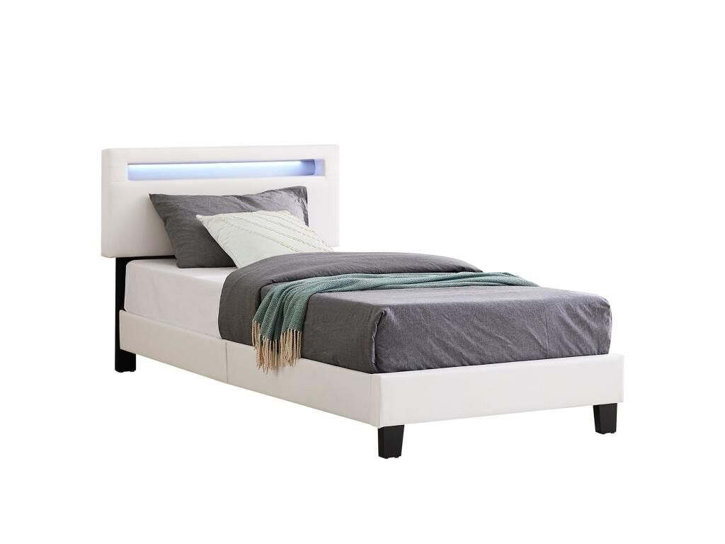 Idimex Lit LED simple 90x190 cm avec sommier, tête de lit réglable en hauteur, en synthétique blanc, EVAN
