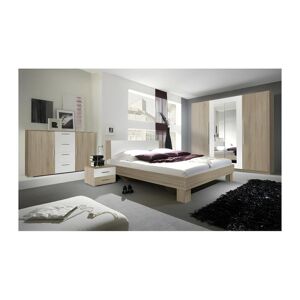 Price Factory Chambre complète Irina couleur chêne et blanc : Lit 180x200 cm + armoire + commode + chevets.