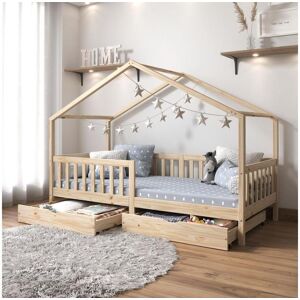 Idimex Lit cabane ELEA lit enfant simple montessori 90 x 200 cm, avec 2 tiroirs de rangement, en pin massif à la finition naturelle