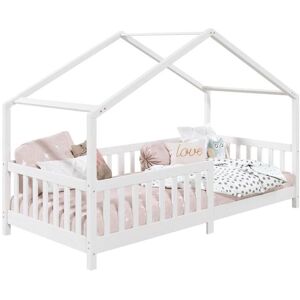 Idimex Lit cabane enfant 90x190 cm LISAN lit Simple montessori avec Barrières de Protection en Bois Massif lasuré blanc