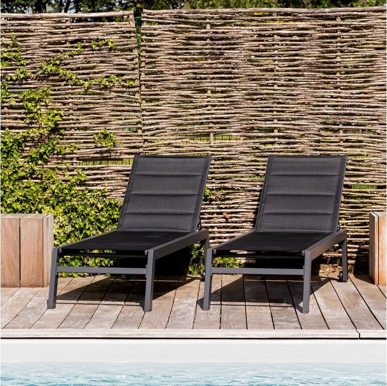 Lot de 2 bains de soleil BARBADOS en textilène noir - aluminium gris anthracite - HAPPY GARDEN