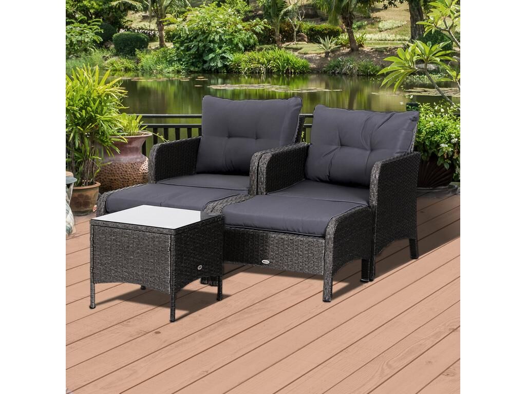 Outsunny Lot de 2 fauteuils de jardin grand confort repose-pied table basse résine tressée imitation rotin coussins gris