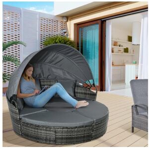 Outsunny Lit canapé de jardin modulable grand confort pare-soleil pliable 5 coussins 3 oreillers 180L x 175l x 147H cm résine tressée polyester gris