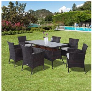 Outsunny Ensemble salon de jardin 6 personnes - grande table rectangulaire, 6 fauteuils - 6 coussins d'assise déhoussables inclus - métal époxy verre trempé 5 mm résine tressée chocolat