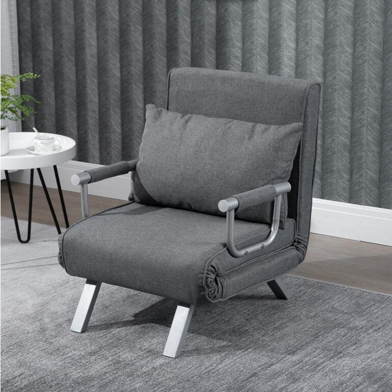 Homcom Fauteuil chauffeuse canapé-lit convertible 1 place déhoussable grand confort coussin pieds accoudoirs métal suède gris