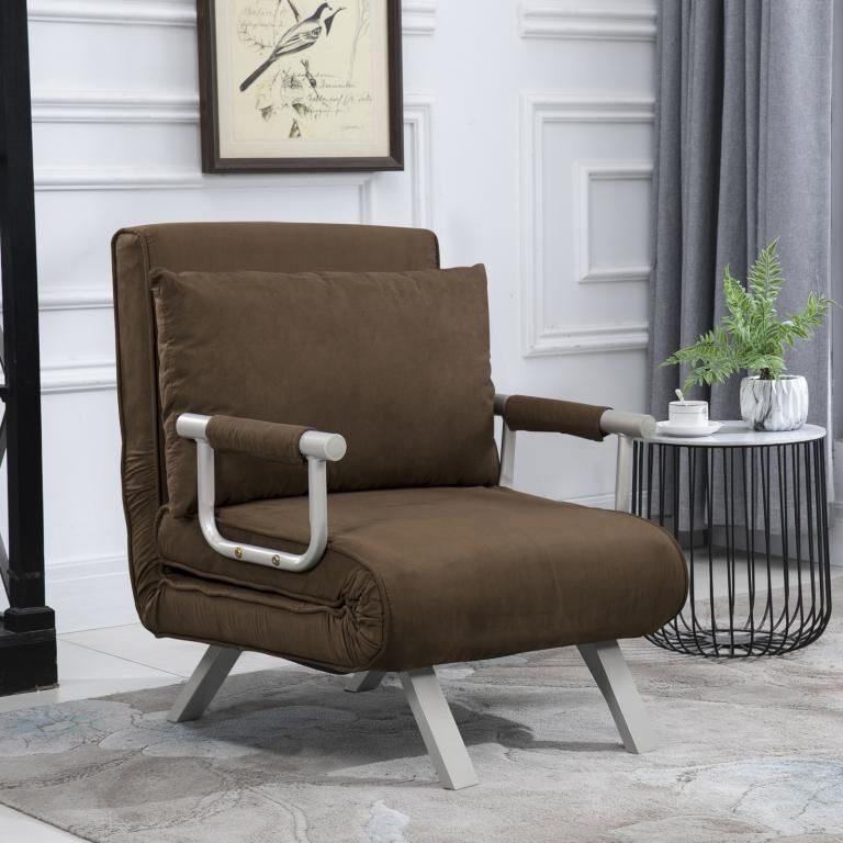 Homcom Fauteuil chauffeuse canapé-lit convertible 1 place déhoussable grand confort coussin pieds accoudoirs métal suède marron