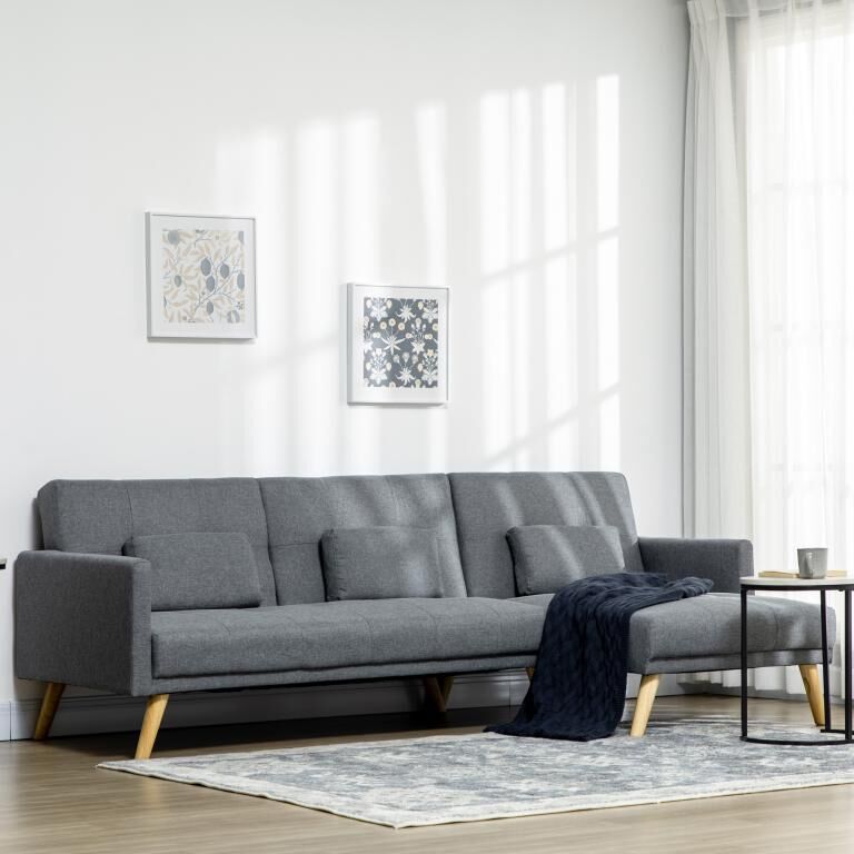 Homcom Canapé d'angle convertible 3 places design scandinave - réversible, effet capitonné, 3 coussins déco - piètement bois tissu aspect lin gris