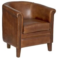 Atmosphera Fauteuil en Cuir Marron Cognac et pieds en Bois de Manguier