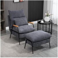 Homcom Fauteuil lounge style néo-rétro avec repose-pied – dossier inclinable – structure acier noir accoudoirs bois hévéa revêtement velours cotelé gris