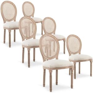 Intense Déco Lot de 6 chaises médaillon Louis XVI Cannage Rotin tissu Beige