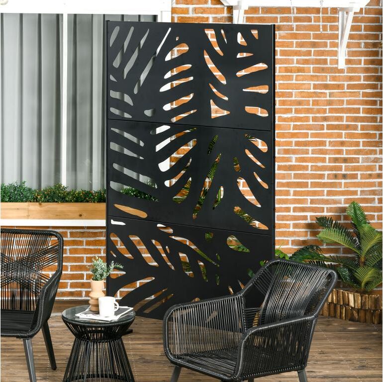 Outsunny Panneau décoratif extérieur métal - brise vue motif feuilles - visserie incluse - dim. 122L x 45l x 198H cm - acier thermolaqué noir