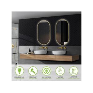 Ledimex Miroir Ledimex Tokyo avec éclairages Triled Rétro éclairé - Double Sensor On/Off et Anti-Buée - Oval l.50 x H.90 cm avec Cadre Aluminium Or Brossé