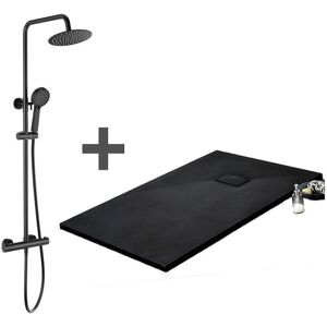 STANO Pack Receveur de douche 80 x 80 cm extra plat noir + Colonne de douche thermostatique noir mat