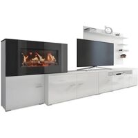 Skraut Home Meuble salon+cheminee electrique,5 niv.de flamme,Blanc Mat/Laque Blanc Brillant,290x170x45