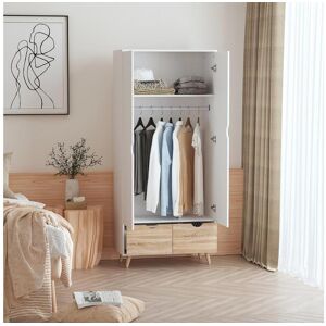 Homcom Armoire de rangement design scandinave - armoire de chambre - placard 2 portes avec penderie et etagere - 2 tiroirs coulissants - panneaux particules blanc chene clair