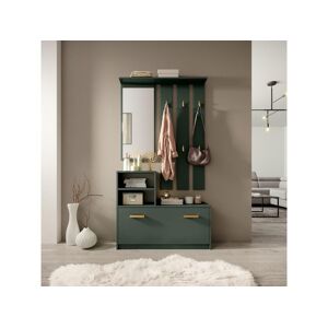 SELSEY Vestiaire d’entrée / Meuble d’entrée - vert bouteille - armoire à chaussures - portemanteau - miroir -  85 cm - YESFIR - Publicité