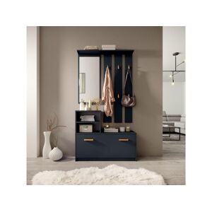 SELSEY Vestiaire d’entrée / Meuble d’entrée - bleu marin - armoire à chaussures - portemanteau - miroir -  85 cm - YESFIR - Publicité