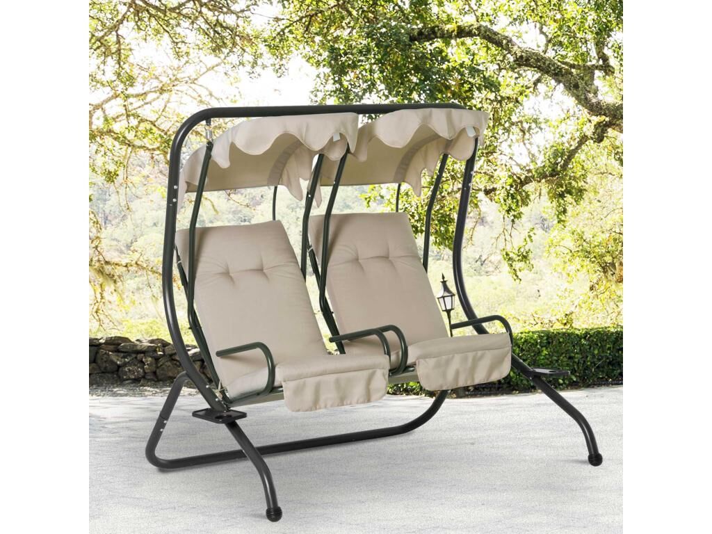 Outsunny Balancelle de jardin 2 places indépendantes 2 tablettes supports coussins assise dossier grand confort 1,7L x 1,36l x 1,7H m acier noir polyester beige