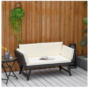 Outsunny Canapé lit de jardin extensible 3 places grand confort 4 coussins écru inclus résine tressée imitation rotin noir