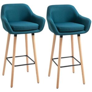 Homcom Tabourets de bar design scandinave - lot de 2 tabourets de bar grand confort avec repose-pieds et accoudoirs - bois de hetre lin bleu canard