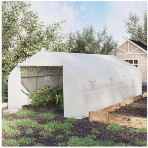 Outsunny Serre tunnel de jardin dim. 5,93L x 3l x 2H m porte + 8 fenêtres enroulables acier galvanisé bâche PE haute densité blanc