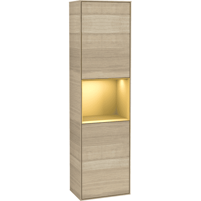 Villeroy & Boch Finion Armoire de salle de bain modulable avec éclairage - Noyer Vernis / Laque Mate Or - Publicité Villeroy & Boch Finion Armoire de salle de bain modulable avec éclairage - Noyer Vernis / Laque Mate Or - Publicité