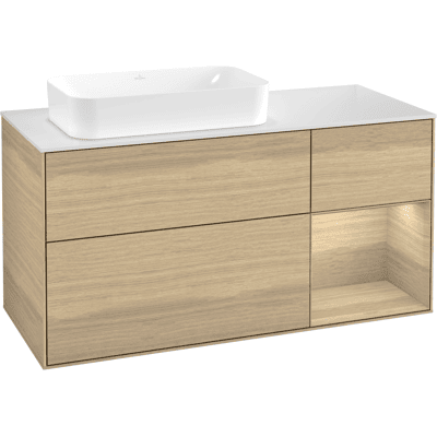 Armoire de salle de bain Finion en placage de chêne - 3 tiroirs - avec éclairage LED - Publicité Armoire de salle de bain Finion en placage de chêne - 3 tiroirs - avec éclairage LED - Publicité
