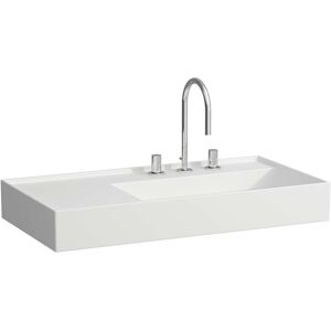 Lavabo LAUFEN Kartell 8103397578151, 90x46cm, blanc mat, etagere a gauche, 2 robinets, ceramique saphir