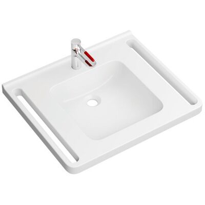 Ensemble lavabo en minéral-cast avec support latéral ergonomique - Publicité Ensemble lavabo en minéral-cast avec support latéral ergonomique - Publicité
