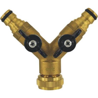 Distributeur en Y AquaCraft 1001000148 avec 2 vannes à boisseau sphérique, verrouillable 3/4" IG, laiton - Publicité Distributeur en Y AquaCraft 1001000148 avec 2 vannes à boisseau sphérique, verrouillable 3/4" IG, laiton - Publicité