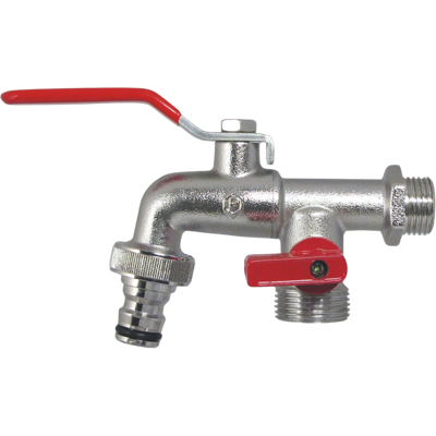 Robinet de sortie à bille AquaCraft 1/2 pouce 1001000131 poignée en acier rouge, embout de tuyau, système enfichable + mini-robinet d'arrêt - Publicité Robinet de sortie à bille AquaCraft 1/2 pouce 1001000131 poignée en acier rouge, embout de tuyau, système enfichable + mini-robinet d'arrêt - Publicité