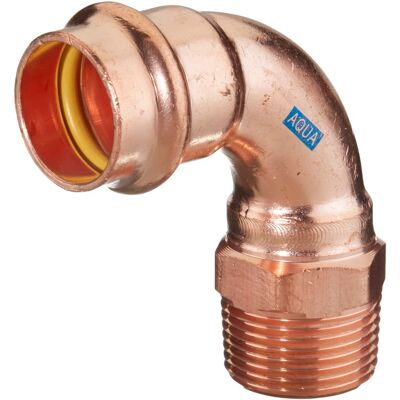 Schmidt, Hermann Raccord coudé en V HS AQUAGAS 15 mm x 1/2 pouce 4525015012 en cuivre, angle de 90°, filetage mâle, raccord à pression pour gaz et eau - Publicité Schmidt, Hermann Raccord coudé en V HS AQUAGAS 15 mm x 1/2 pouce 4525015012 en cuivre, angle de 90°, filetage mâle, raccord à pression pour gaz et eau - Publicité