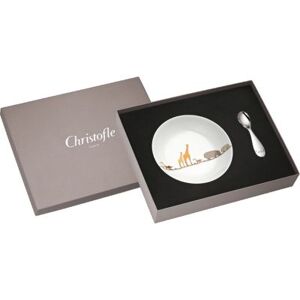 Christofle Coffret assiette en porcelaine + cuillere en metal argente Savane