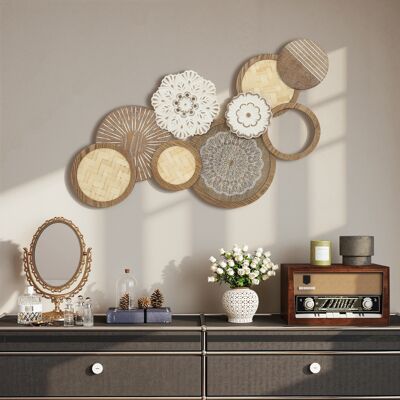 OEM Homcom Décoration Murale En Bois 83,8x44,5cm - Sculpture Murale Design Unique À Plusieurs Disques, Bois Naturel - Publicité OEM Homcom Décoration Murale En Bois 83,8x44,5cm - Sculpture Murale Design Unique À Plusieurs Disques, Bois Naturel - Publicité