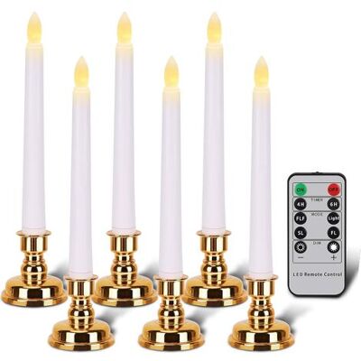 ABYSSE Bougies Avec Supports Dorés, Bougies Coniques Sans Flamme Avec Télécommande Et Minuteur, Bougies De Noël Led Blanches, Lot De 6 - Publicité ABYSSE Bougies Avec Supports Dorés, Bougies Coniques Sans Flamme Avec Télécommande Et Minuteur, Bougies De Noël Led Blanches, Lot De 6 - Publicité