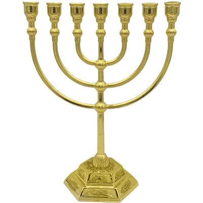OEM Porte-bougies Menorah 7 Branches, Inspiré Temple Jérusalem 12 Tribus Israël. Style Antique. Or. (17 X 13,5 Cm) - Publicité OEM Porte-bougies Menorah 7 Branches, Inspiré Temple Jérusalem 12 Tribus Israël. Style Antique. Or. (17 X 13,5 Cm) - Publicité