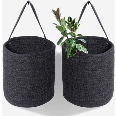 FANGMEDIA 2pcs De Panier Suspendu En Corde De Chanvre Noir - 10,6 X 5,5 Ensemble De Paniers Muraux Tissés Suspendus Avec Poignées En Cuir, Rangement De Paniers Suspendus Tissés Fixés Au Mur, Organisateur De Pan - Publicité FANGMEDIA 2pcs De Panier Suspendu En Corde De Chanvre Noir - 10,6 X 5,5 Ensemble De Paniers Muraux Tissés Suspendus Avec Poignées En Cuir, Rangement De Paniers Suspendus Tissés Fixés Au Mur, Organisateur De Pan - Publicité