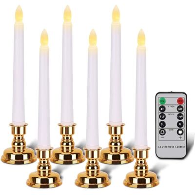 AIRSTRA Bougies Avec Supports Dorés, Bougies Coniques Sans Flamme Avec Télécommande Et Minuteur, Bougies De Noël Led Blanches, Lot De 6 - Publicité AIRSTRA Bougies Avec Supports Dorés, Bougies Coniques Sans Flamme Avec Télécommande Et Minuteur, Bougies De Noël Led Blanches, Lot De 6 - Publicité