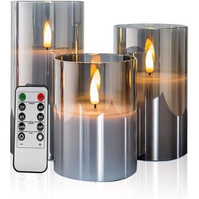 NO BRAND Pair - Lot De 3 Bougies Sans Flamme En Verre Gris Vacillantes Avec Télécommande, Mèche Mobile, Fonctionnement À Piles, Lumière Chaude Réaliste - Publicité NO BRAND Pair - Lot De 3 Bougies Sans Flamme En Verre Gris Vacillantes Avec Télécommande, Mèche Mobile, Fonctionnement À Piles, Lumière Chaude Réaliste - Publicité