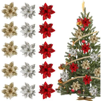 OEM Fleurs De Poinsettia Pailletées De Noël, 15 Pièces, 14 X 14 Cm, Rouge, Or, Argent, Artificielles, Pour Décoration De Sapin De Noël, Mariage Ou Fête.-dou - Publicité OEM Fleurs De Poinsettia Pailletées De Noël, 15 Pièces, 14 X 14 Cm, Rouge, Or, Argent, Artificielles, Pour Décoration De Sapin De Noël, Mariage Ou Fête.-dou - Publicité