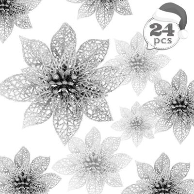 ENLENK Lot De 24 Pièces Fleur Étoile De Noël Poinsettia Artificielle D’argent Scintillant Ornement De Sapin Couronne Guirlande Décoration Florale Pour Noël Marriage Fêtes Maison Vitrine - Publicité ENLENK Lot De 24 Pièces Fleur Étoile De Noël Poinsettia Artificielle D’argent Scintillant Ornement De Sapin Couronne Guirlande Décoration Florale Pour Noël Marriage Fêtes Maison Vitrine - Publicité