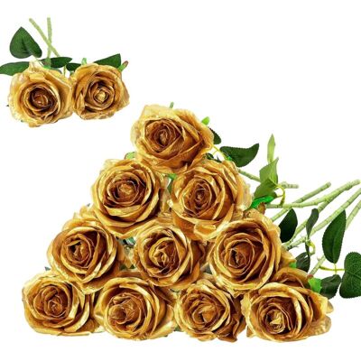 OEM Lot De 12 Roses Artificielles En Soie (doré) Pour Décoration D'Intérieur, De Fête De Mariage-crezuo - Publicité OEM Lot De 12 Roses Artificielles En Soie (doré) Pour Décoration D'Intérieur, De Fête De Mariage-crezuo - Publicité