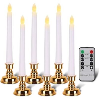 ABYSSE Bougies Avec Supports Dorés, Bougies Coniques Sans Flamme Avec Télécommande Et Minuteur, Bougies De Noël Led Blanches, Lot De 6 - Publicité ABYSSE Bougies Avec Supports Dorés, Bougies Coniques Sans Flamme Avec Télécommande Et Minuteur, Bougies De Noël Led Blanches, Lot De 6 - Publicité