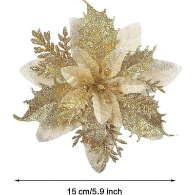 LAVVE Lot De 12 Fleurs De Noël Pailletées (15 Cm) Avec 12 Poinsettias Artificiels Dorés Pour Sapin De Noël - Publicité LAVVE Lot De 12 Fleurs De Noël Pailletées (15 Cm) Avec 12 Poinsettias Artificiels Dorés Pour Sapin De Noël - Publicité