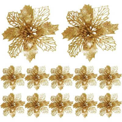 AHLSEN Bravix 12 Pièces Glitter Fleurs De Poinsettia De Noël D’ornement, Noël Glitter Décoration Sapin Ornement Pour La Fête De Mariage (or) - Publicité AHLSEN Bravix 12 Pièces Glitter Fleurs De Poinsettia De Noël D’ornement, Noël Glitter Décoration Sapin Ornement Pour La Fête De Mariage (or) - Publicité