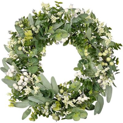 FLAMMKRAFT Couronne D'Eucalyptus Artificiel Vert, Idéale Pour Le Printemps Et L'Été, Avec Des Baies Blanches, Pour Porte D'Entrée, Mur Ou Fenêtre. Publicité FLAMMKRAFT Couronne D'Eucalyptus Artificiel Vert, Idéale Pour Le Printemps Et L'Été, Avec Des Baies Blanches, Pour Porte D'Entrée, Mur Ou Fenêtre. Publicité